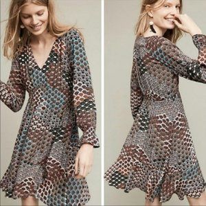 Anthropologie Maeve Monaco Tired Fan Print Long Sleeve Dress  Size S